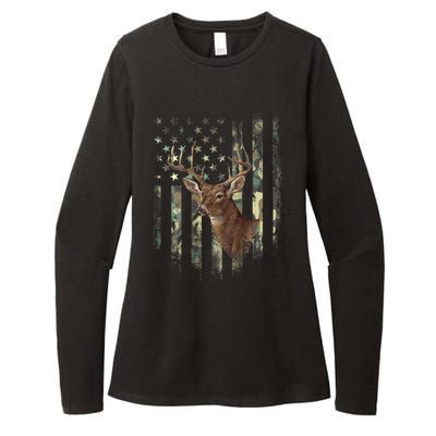 American Flag Deer Hunting Camo Womens CVC Long Sleeve Shirt