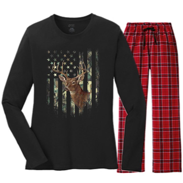 American Flag Deer Hunting Camo Women's Long Sleeve Flannel Pajama Set 