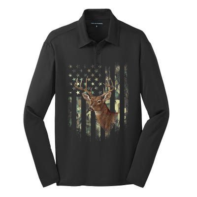 American Flag Deer Hunting Camo Silk Touch Performance Long Sleeve Polo