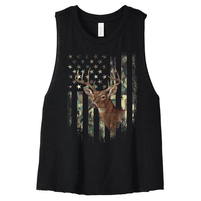 American Flag Deer Hunting Camo Women's Racerback Cropped Tank