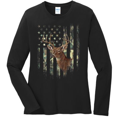 American Flag Deer Hunting Camo Ladies Long Sleeve Shirt