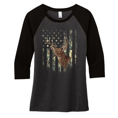 American Flag Deer Hunting Camo Women's Tri-Blend 3/4-Sleeve Raglan Shirt