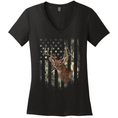 American Flag Deer Hunting Camo Women's V-Neck T-Shirt