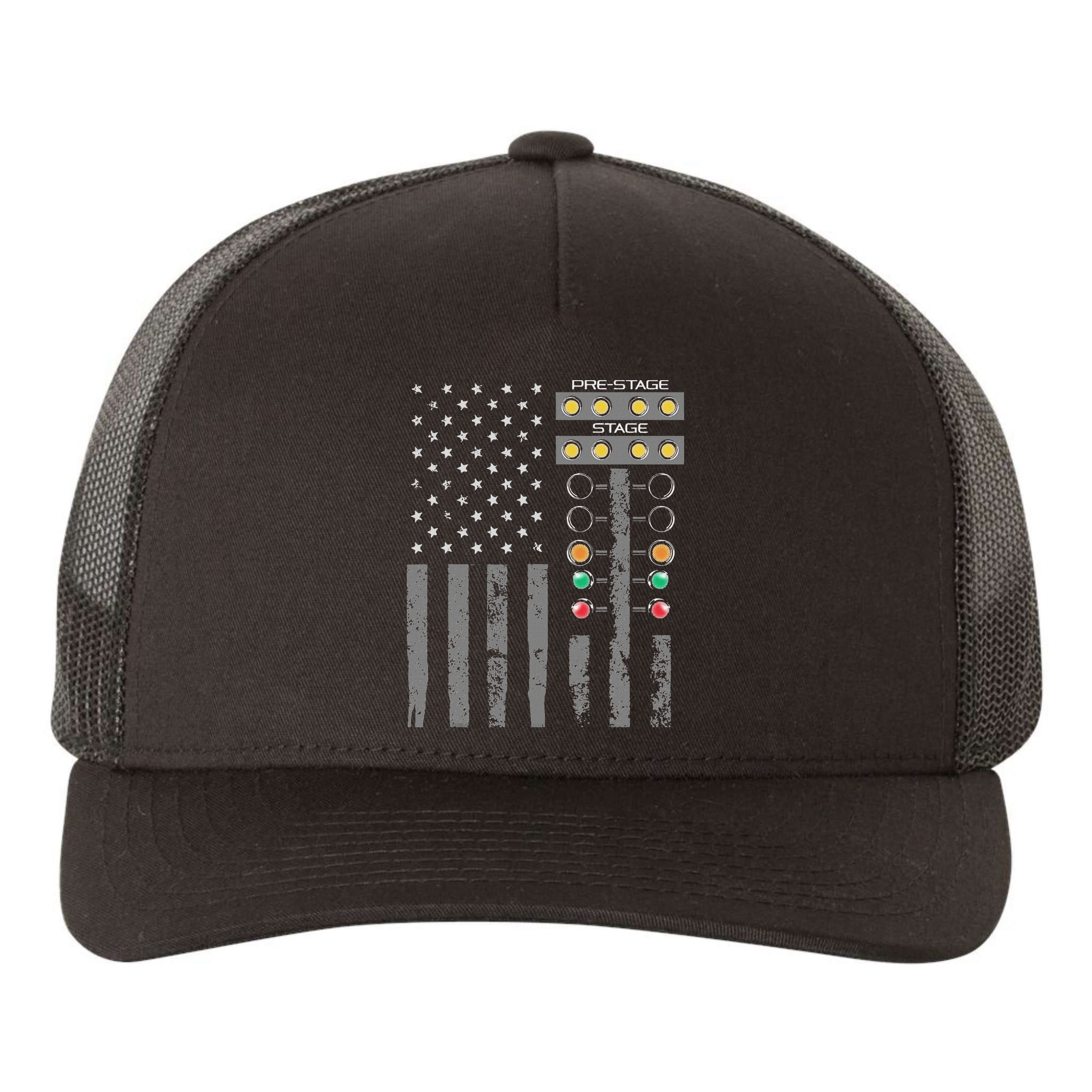 American Flag Drag Racing Strip Tree Light For Dragster Yupoong Adult 5-Panel Trucker Hat