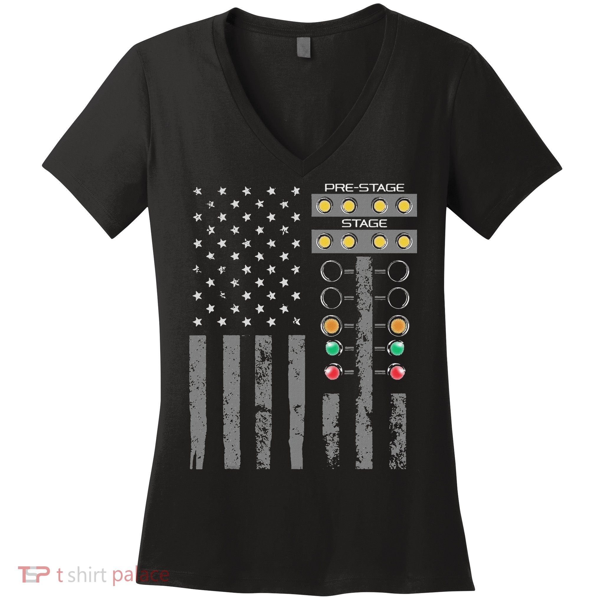 American Flag Drag Racing Strip Tree Light For Dragster Women's V-Neck T-Shirt