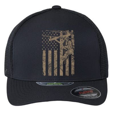 American Flag Distressed Patriotic Electric Cable Lineman Gift Flexfit Unipanel Trucker Cap