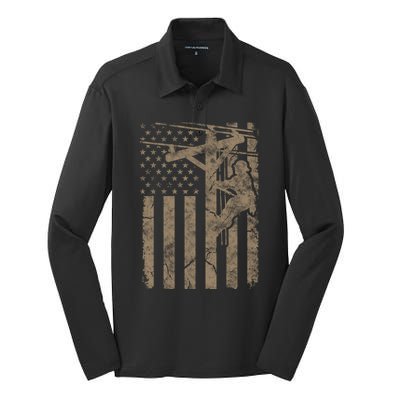 American Flag Distressed Patriotic Electric Cable Lineman Gift Silk Touch Performance Long Sleeve Polo