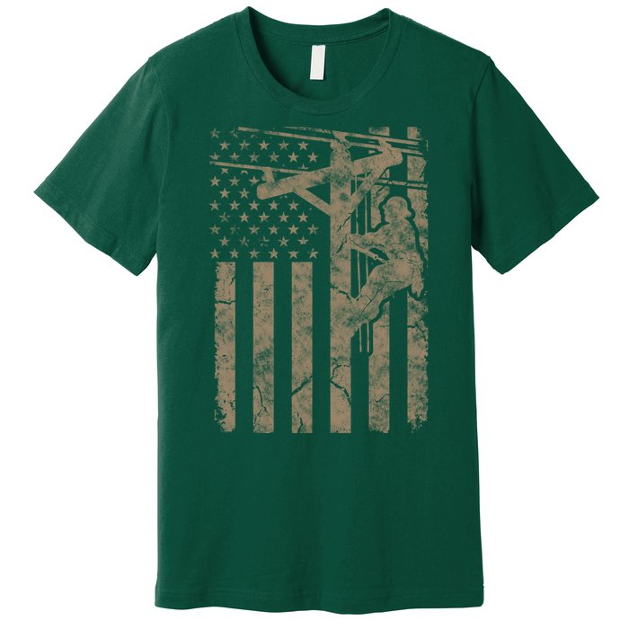 American Flag Distressed Patriotic Electric Cable Lineman Gift Premium T-Shirt