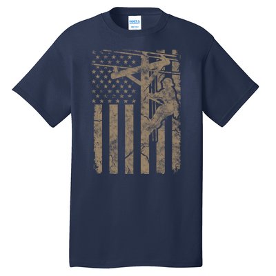 American Flag Distressed Patriotic Electric Cable Lineman Gift Tall T-Shirt