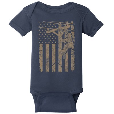 American Flag Distressed Patriotic Electric Cable Lineman Gift Baby Bodysuit