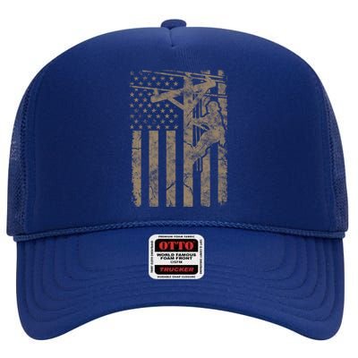 American Flag Distressed Patriotic Electric Cable Lineman Gift High Crown Mesh Back Trucker Hat