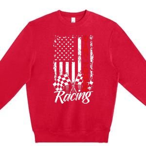 American Flag Dirt Track Racing Car Bike Driver Back Print Premium Crewneck Sweatshirt