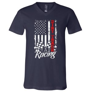 American Flag Dirt Track Racing Car Bike Driver Back Print V-Neck T-Shirt