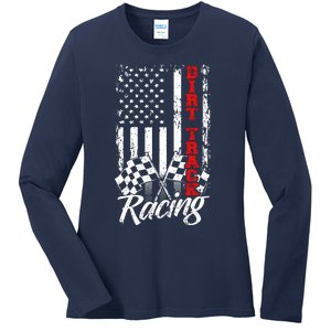 American Flag Dirt Track Racing Car Bike Driver Back Print Ladies Long Sleeve Shirt