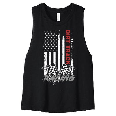 American Flag Dirt Track Racing Car Bike Driver Racer Gifts Women's Racerback Cropped Tank