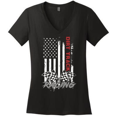 American Flag Dirt Track Racing Car Bike Driver Racer Gifts Women's V-Neck T-Shirt