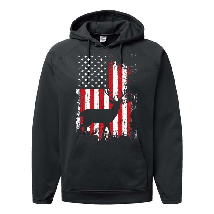 American Flag Deer Hunting Distressed Usa Performance Fleece Hoodie