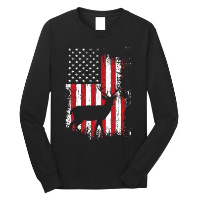 American Flag Deer Hunting Distressed Usa Long Sleeve Shirt