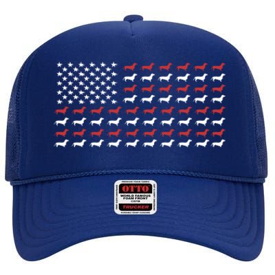 American Flag Dachshund Patriotic Dachshund Doxie Lover Gift High Crown Mesh Back Trucker Hat