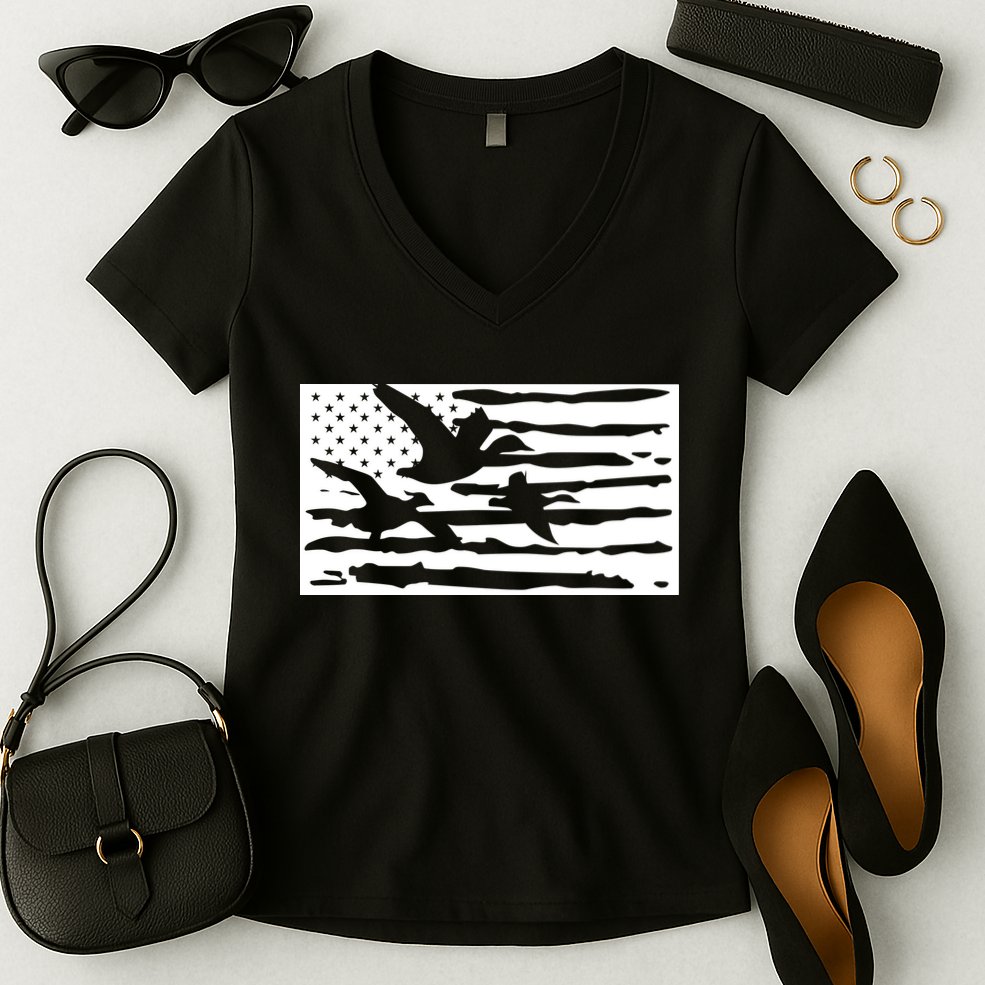 American Flag Duck Hunter Women's V-Neck T-Shirt
