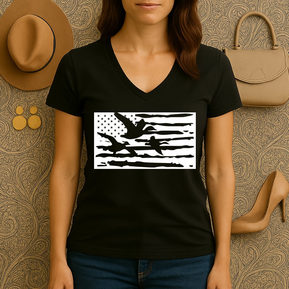 American Flag Duck Hunter Women's V-Neck T-Shirt