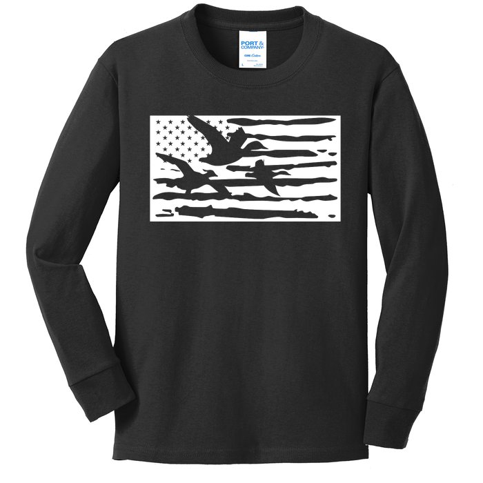 American Flag Duck Hunter Kids Long Sleeve Shirt