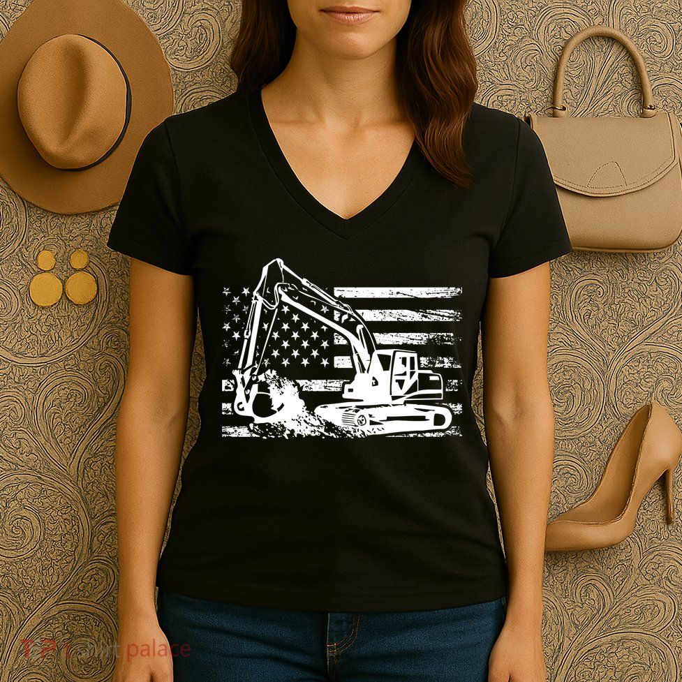 American Flag Excavator Women's V-Neck T-Shirt