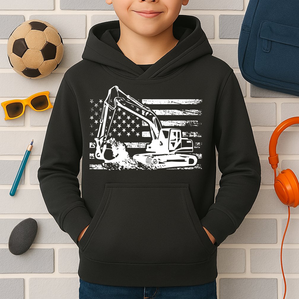 American Flag Excavator Kids Hoodie
