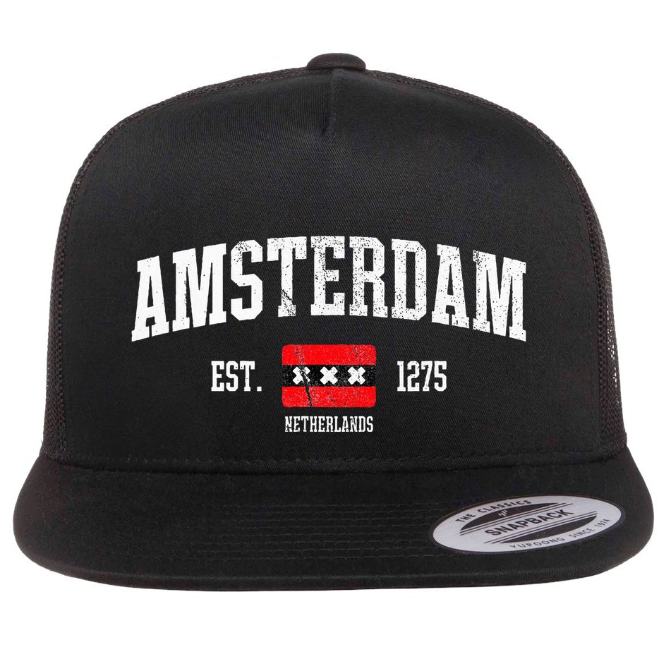 Amsterdam Flag Est. 1275 Netherlands Souvenir Flat Bill Trucker Hat