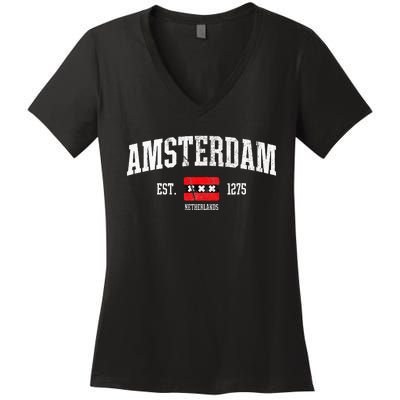 Amsterdam Flag Est. 1275 Netherlands Souvenir Women's V-Neck T-Shirt