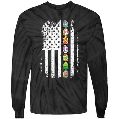 American Flag Easter Egg Hunting Cool Patriotic Spring Tie-Dye Long Sleeve Shirt