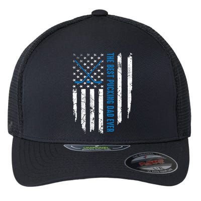 American Flag Funny The Best Pucking Dad Ever Ice Hockey Cute Gift Flexfit Unipanel Trucker Cap