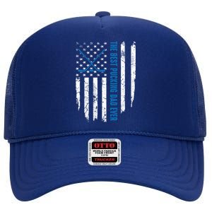 American Flag Funny The Best Pucking Dad Ever Ice Hockey Cute Gift High Crown Mesh Back Trucker Hat