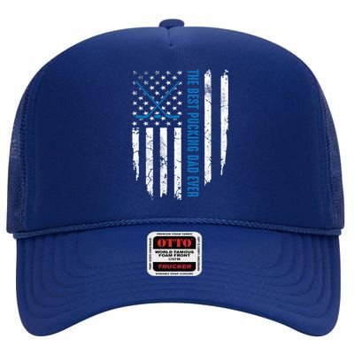 American Flag Funny The Best Pucking Dad Ever Ice Hockey Cute Gift High Crown Mesh Back Trucker Hat