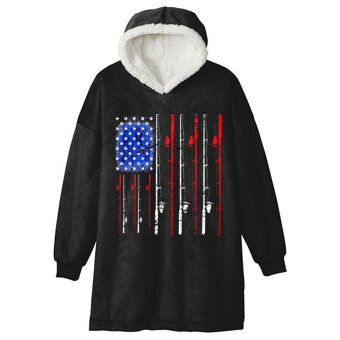 American Flag Fishing Rod Fishing Lover Hooded Wearable Blanket