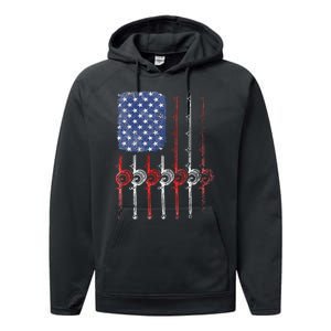 American Flag Fishing Rod For Fishing Lovers Performance Fleece Hoodie