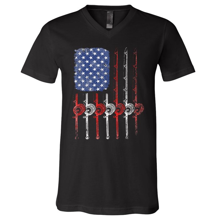 American Flag Fishing Rod For Fishing Lovers V-Neck T-Shirt