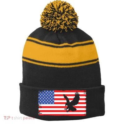 American Flag Flying Eagle Stripe Pom Pom Beanie