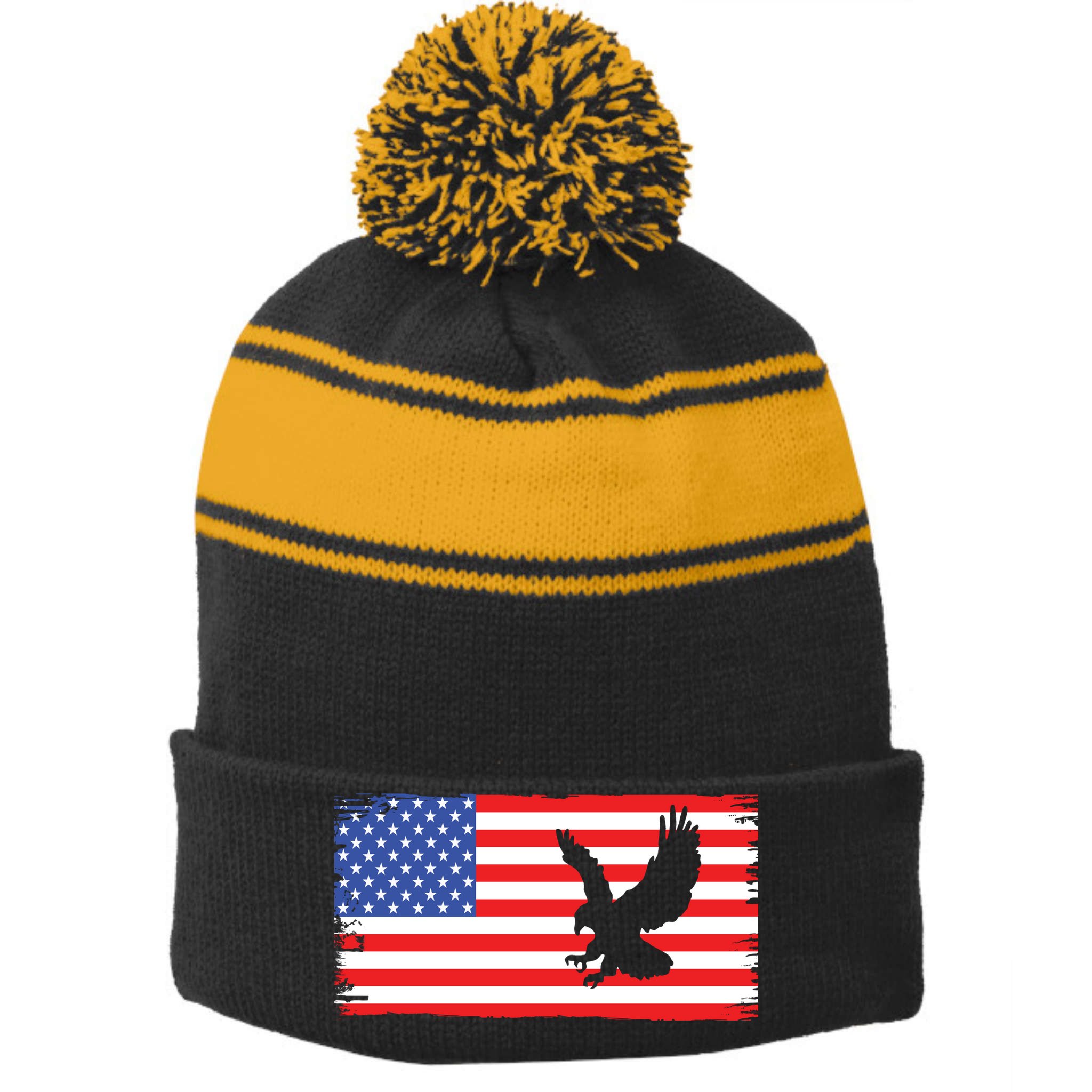 American Flag Flying Eagle Stripe Pom Pom Beanie