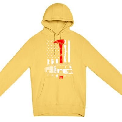 American Firefighter Fire Truck Red Axe Flag Gift Premium Pullover Hoodie