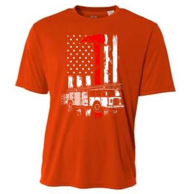 American Firefighter Fire Truck Red Axe Flag Gift Cooling Performance Crew T-Shirt