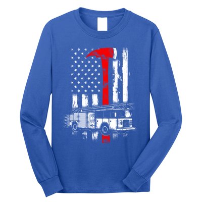 American Firefighter Fire Truck Red Axe Flag Gift Long Sleeve Shirt