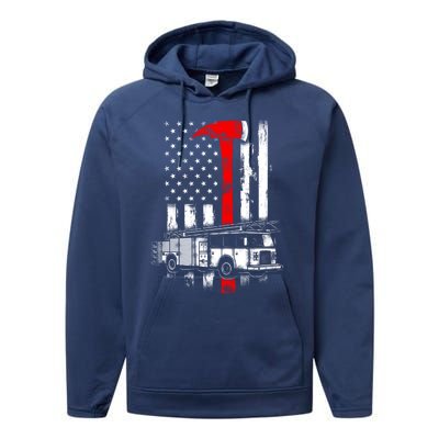 American Firefighter Fire Truck Red Axe Flag Gift Performance Fleece Hoodie