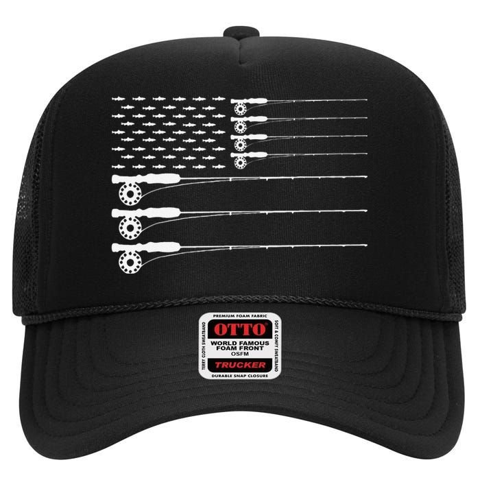 American Flag Fly Fishing Rod Trout Patriot Gift High Crown Mesh Back Trucker Hat