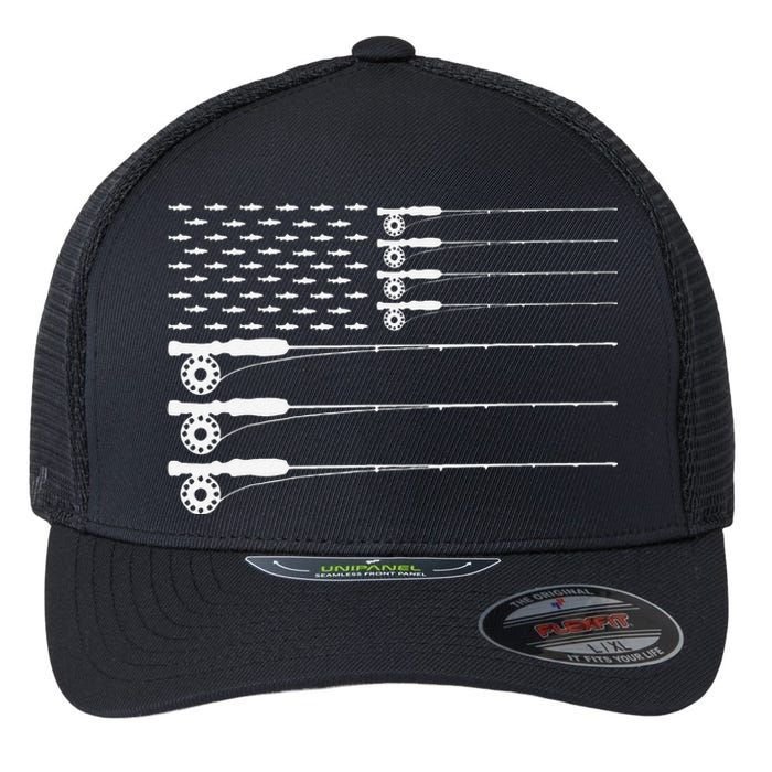 American Flag Fly Fishing Rod Trout Patriot Gift Flexfit Unipanel Trucker Cap