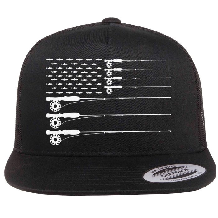 American Flag Fly Fishing Rod Trout Patriot Gift Flat Bill Trucker Hat