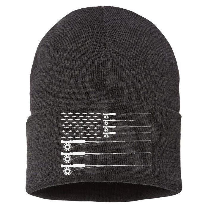 American Flag Fly Fishing Rod Trout Patriot Gift Sustainable Knit Beanie