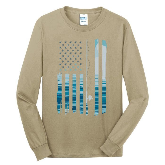 American Flag Fish Fisher Fisherman Funny Bass Fishing Usa Tall Long Sleeve T-Shirt