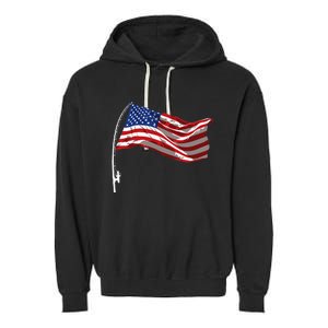 American Flag Fishing Rod 4th Of July Patriotic Fisherman Garment-Dyed Fleece Hoodie