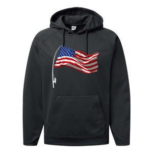 American Flag Fishing Rod 4th Of July Patriotic Fisherman Performance Fleece Hoodie